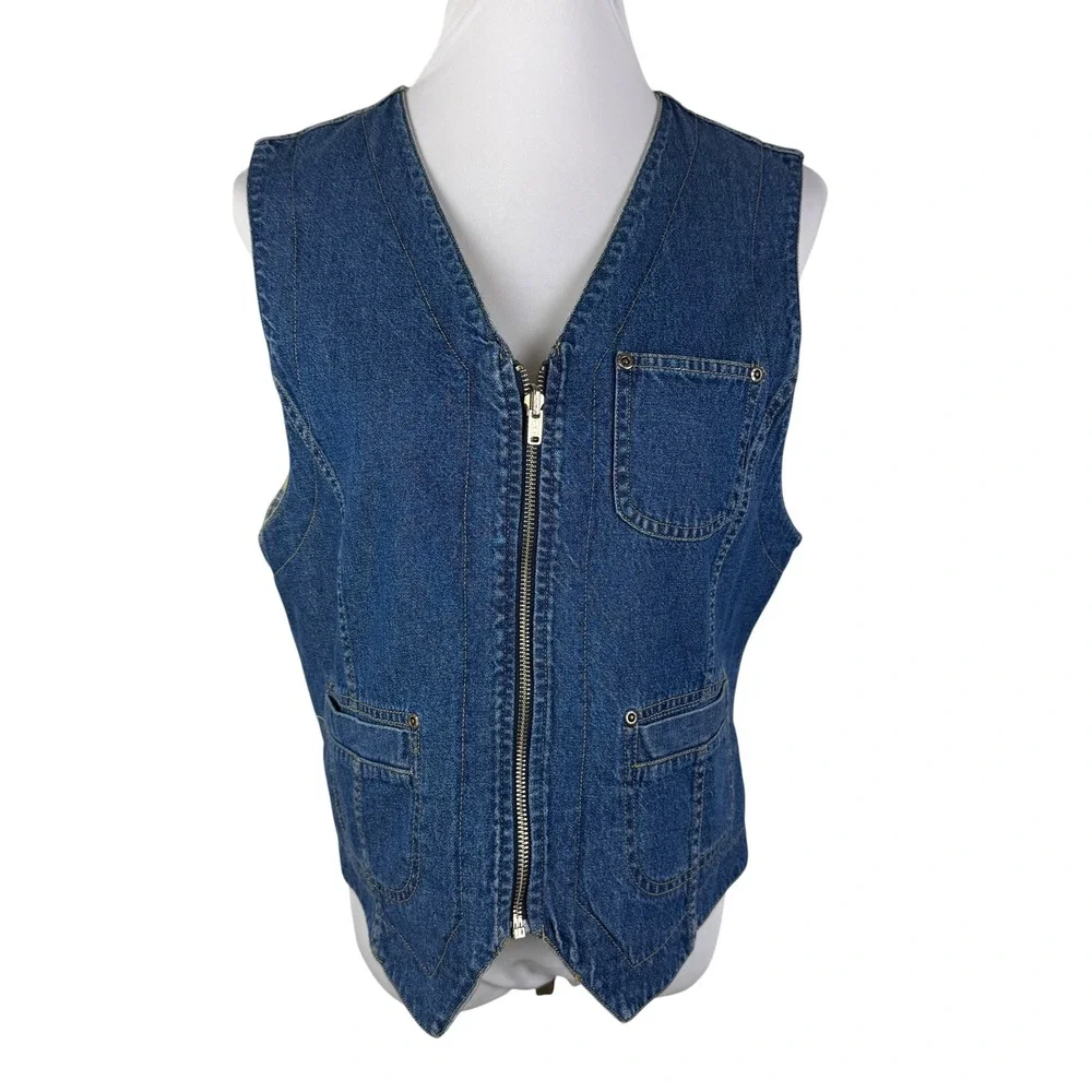 Lizwear Women's Large Reversible Denim Floral Vest Blue Yellow Zip Up Cotton - Picture 2 of 13